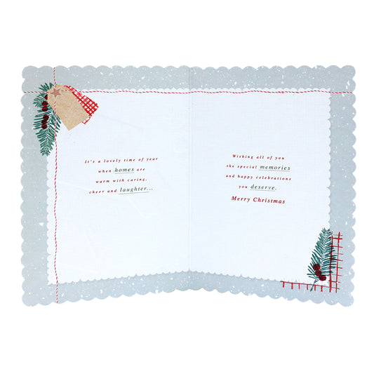 Hallmark Christmas card for family - Share & Remember, opened view, scalloped edges with holly and festive message inside.
