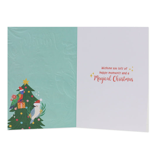 Hallmark x Christie Williams Christmas card - To A Special Family, featuring a festive illustration of a decorated Christmas tree and cheerful greeting inside.