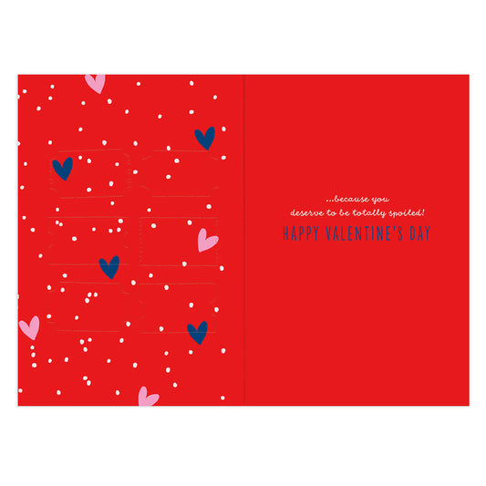Hallmark Valentine's Day Card - Love Tokens, red interior design featuring hearts and polka dots with heartfelt message and embellishments.