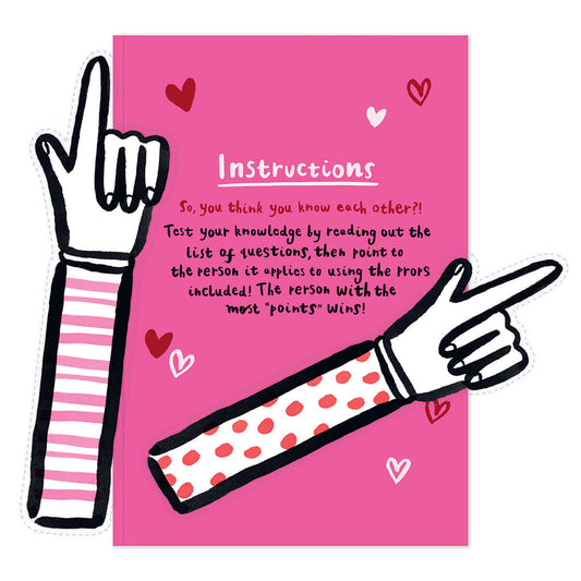 Hallmark Valentine's Day Card - Love Quiz with colourful illustrations and instructions on a pink background, close up view.