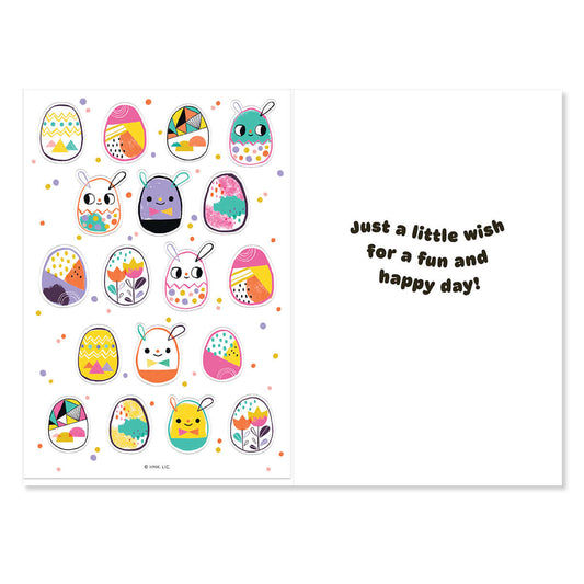 Colorful Easter egg stickers with cartoon faces on a white background with text.