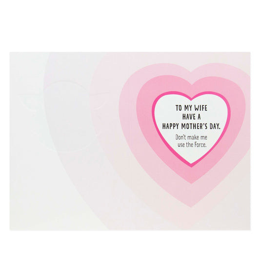 Hallmark Star Wars The Mandalorian Mother's Day Card For Wife - Grogu featuring heart illustrations and a heartfelt message inside.