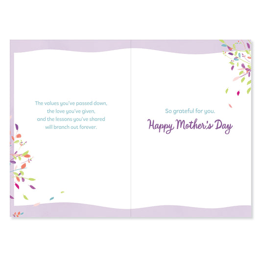 Hallmark Mother's Day card for Nan - Family Tree, inside view featuring colourful illustrations and heartfelt messages.