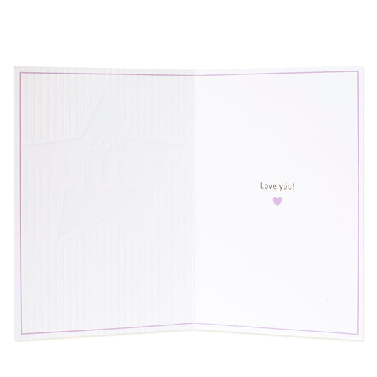 Hallmark Mum Card - No. 1 MUM inside view with embossed star detail and printed message 'Love you!' in purple.