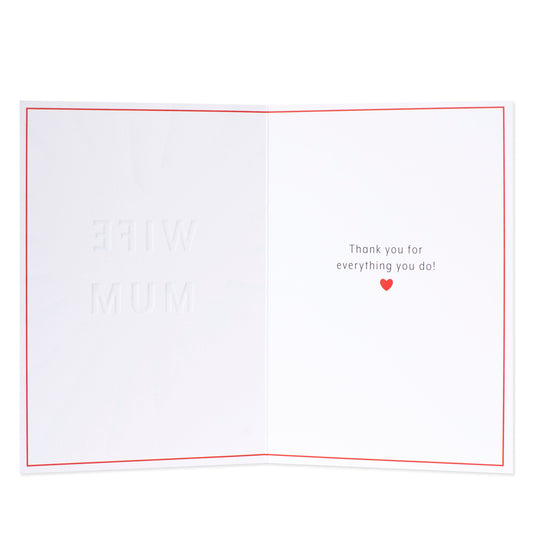 Hallmark Wife Card - Best Wife, Best Mum interior layout with embossed text and heartfelt message in red.
