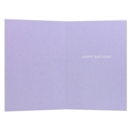Connections from Hallmark Birthday Card - Time To Celebrate, inside view, featuring a smooth purple background and embossed 'HAPPY BIRTHDAY' message.