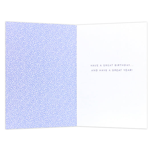 Connections from Hallmark Birthday Card - Another Year, Another Adventure inside view featuring purple patterned background and birthday message.
