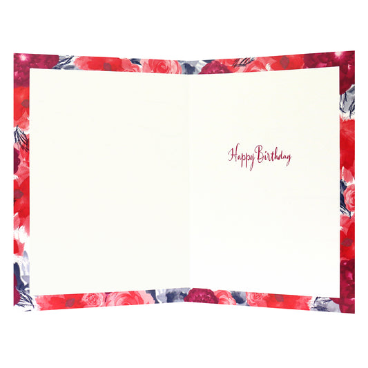 Connections from Hallmark Birthday Card For Auntie - Florals, inside view showing floral border and handwritten 'Happy Birthday' text in red.