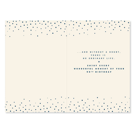 Connections from Hallmark 90th birthday card featuring cream interior with navy dotted edges and heartfelt message inside.