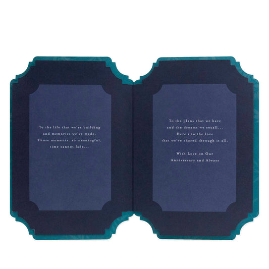 Celebrate your Husband on your Anniversary with this stunning card from Hallmark, featuring intricate dark blue textured stock and heartfelt messages.