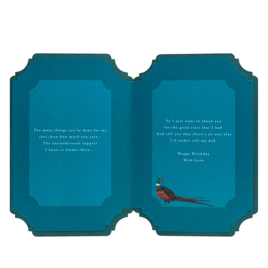 Celebrate your Dad with this stunning card from Hallmark, featuring a blue interior with birthday messages and a bird illustration.