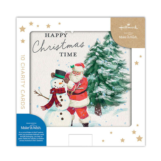 Hallmark Boxed Christmas Cards 10 Pack - Wonderful Moments featuring Santa with a snowman illustration on textured paper packaging.