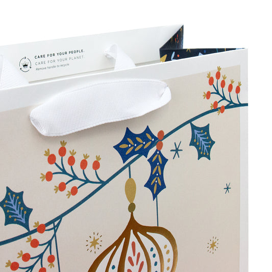 Hallmark Large Christmas Gift Bag - Baubles & Holly featuring gold foil baubles and holly design with white grosgrain handles.