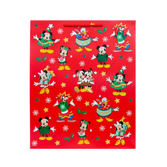 Hallmark Large Disney Christmas Gift Bag - Mickey Mouse & Friends in festive red with characters and snowflakes, flat lay view.