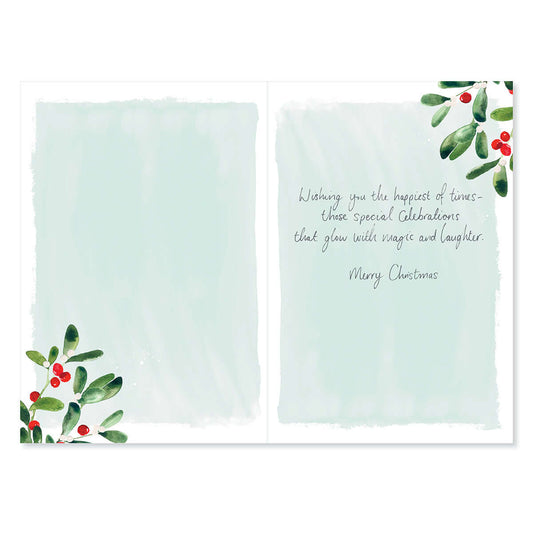 Hallmark Christmas Card For Mum & Dad - Magic & Laughter, inside design featuring green holly illustrations and heartfelt message.