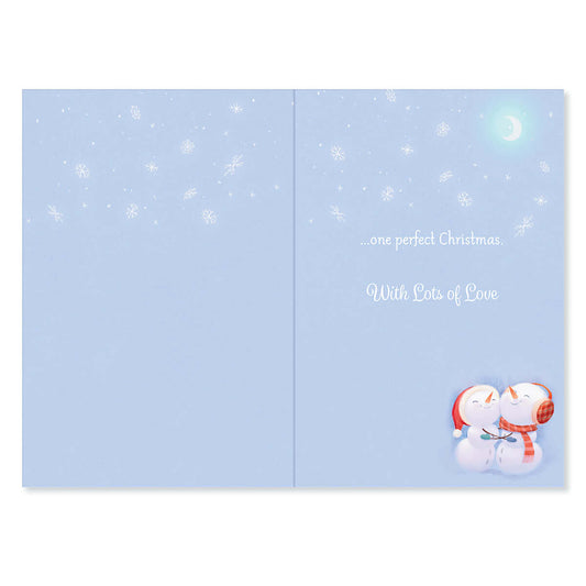 Hallmark Christmas Card For Grandparents - One Perfect Christmas, inside view featuring snowmen illustration, blue background and heartfelt message.