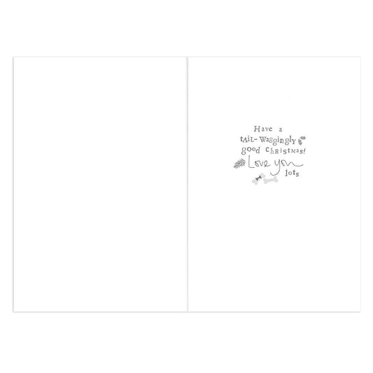 Hallmark Christmas Card - From the Dog interior design with handwritten message, festive grey text on white background.