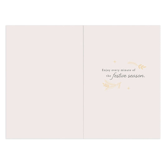 Hallmark Christmas Card - Special Aunty, open view showing inside message and gold foil accents, festive design, minimalist style.
