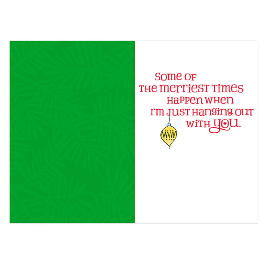 Hallmark Christmas Card - Nanna inside view featuring green background and festive message with an embossed bauble illustration.
