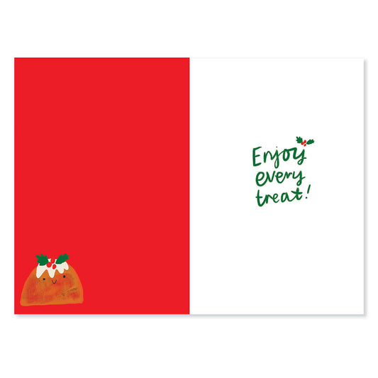Hallmark Christmas Card - To all the family, featuring festive red and white design with illustrated pudding and cheerful message.