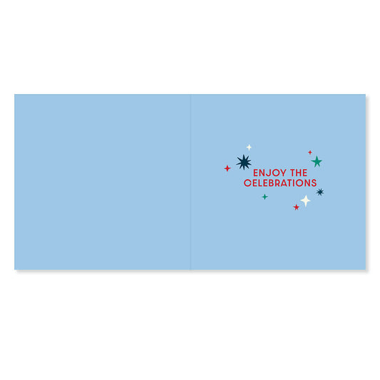 Hallmark Christmas card for Dad - Happy Wishes, interior design featuring colourful stars and the message 'ENJOY THE CELEBRATIONS' on blue.