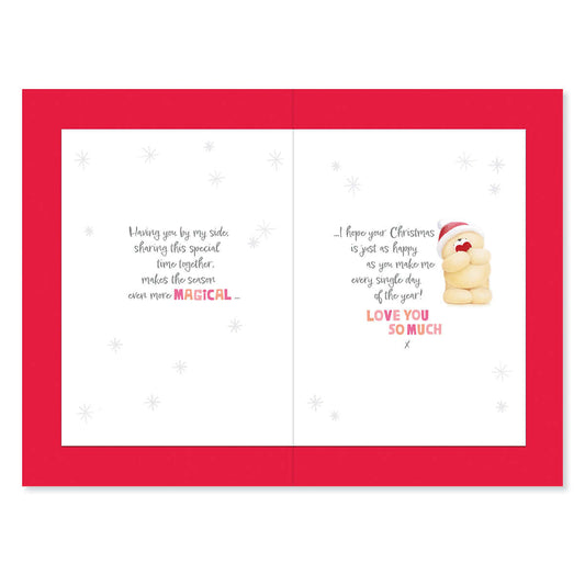 Hallmark Forever Friends Christmas Card For One I Love - My Somebody, opened view with red inside and cute bear illustration.