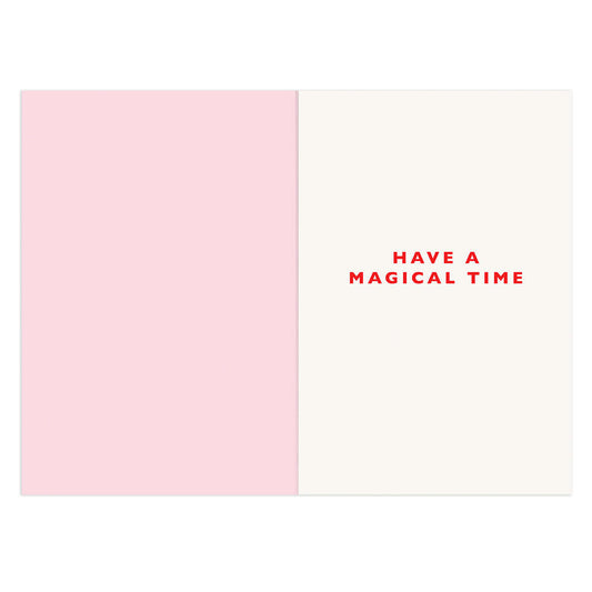 Hallmark Christmas Card - Daughter & Partner, inside view with pink and white pages, featuring the phrase 'have a magical time' in red.