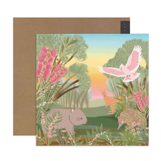 Hallmark x Christie Williams Gallery Blank Greeting Card - Bushland, featuring vibrant Australian wildlife illustration against a pastel sunset backdrop.