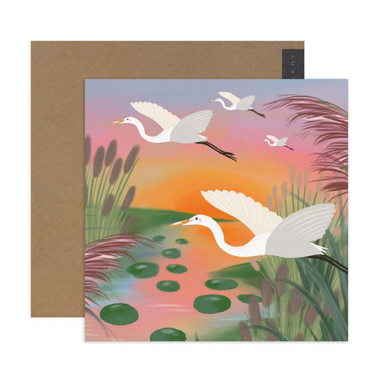 Hallmark x Christie Williams Gallery Blank Greeting Card - Wetland featuring flying egrets over a colourful wetland scene with waterlilies.