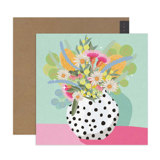 Hallmark x Christie Williams Gallery Blank Greeting Card - Spotty Vase featuring a vibrant flower illustration and kraft paper envelope.