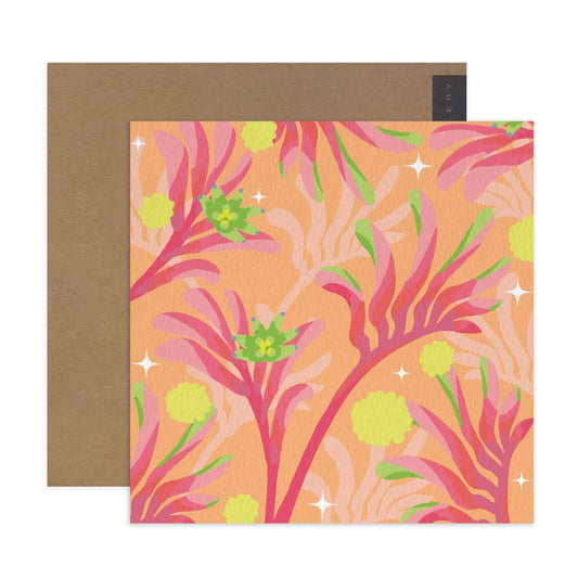 Hallmark x Christie Williams Gallery Blank Greeting Card - Kanga Pink featuring vibrant floral artwork on an orange background with kraft envelope.