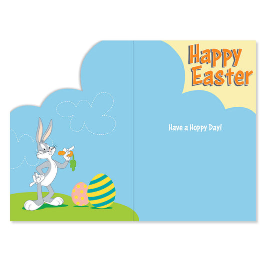 Easter card with cartoon rabbit and eggs on a blue background