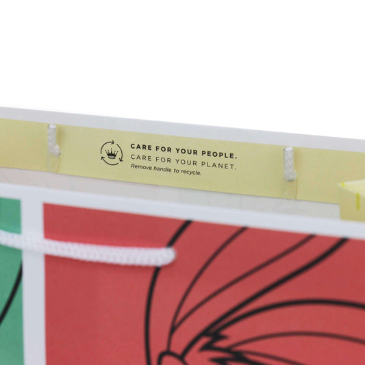 Product packaging with recycling label and colorful design