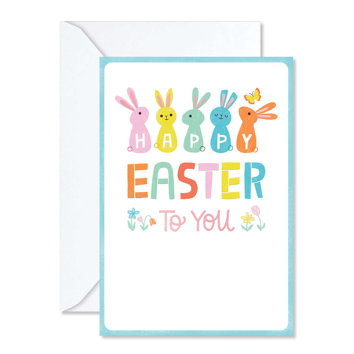 Easter card with colorful bunnies and 'Happy Easter To You' text on a white background