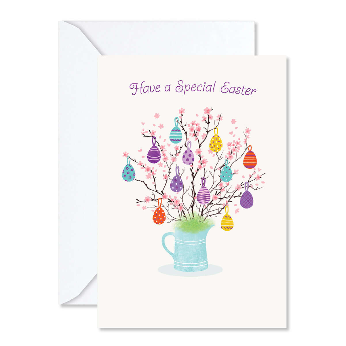 Easter card with colorful eggs on branches in a mug, 'Have a Special Easter' text.