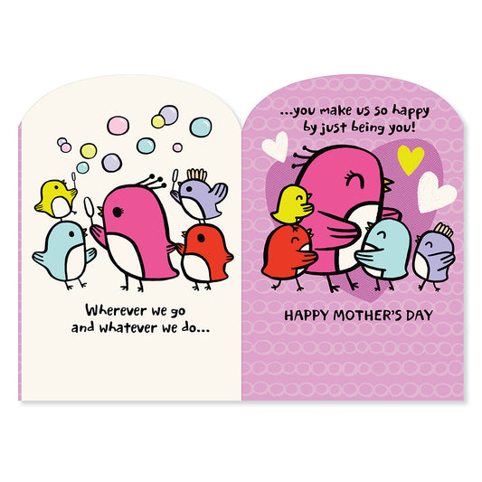 Hallmark Mother's Day Card - Happy With You featuring colourful cartoon birds on pastel background with heartfelt message inside.
