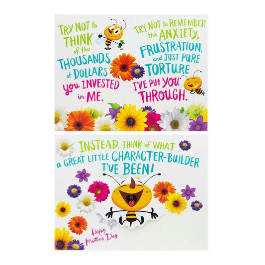 Hallmark Mother's Day Card - Character Builder with colourful flowers and a pop-up smiling bee inside, showing humorous text.