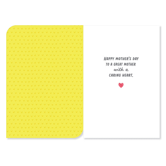 Hallmark Mother's Day Card - A Mother's Heart, open view showing yellow patterned interior and heartfelt message for mum.