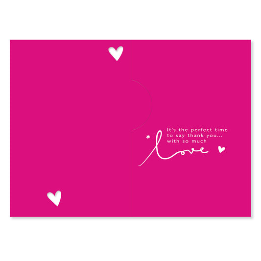 Hallmark Mother's Day Card - With So Much Love featuring a bright pink background with a heartfelt message and white illustrated hearts.