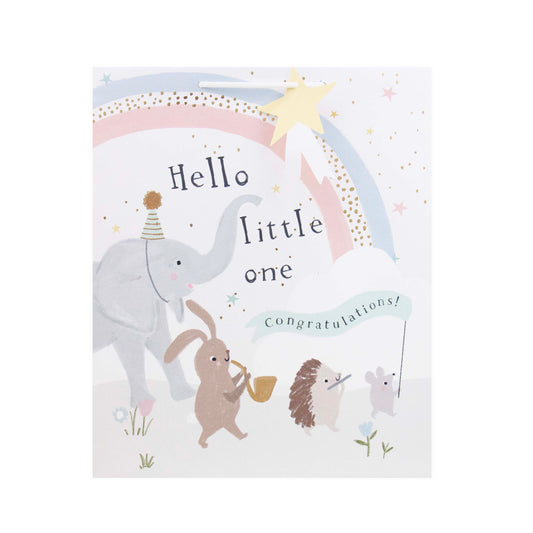 A baby shower congratulations card featuring a whimsical illustration of an elephant, rabbit, hedgehog, and mouse under a pastel rainbow with the text 'Hello little one congratulations!'.