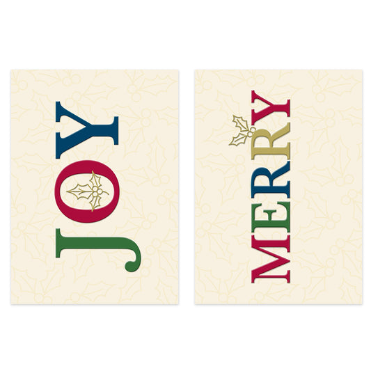 Two Christmas greeting cards shown side by side on a white background. The left card says "JOY" in large decorative letters, and the right card says "MERRY" with holly accents.