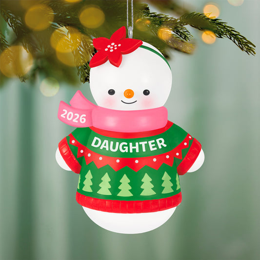 Daughter Snowman 2026 — 2026 Hallmark Keepsake Christmas Ornament, festive snow-girl in red and green sweater with pink scarf, front view