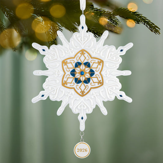 Snowflake 2026, Porcelain — 2026 Hallmark Keepsake Christmas Ornament, detailed blue and gold accents, hanging with a year charm.