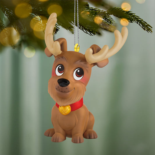 Rudy Reindoggie — 2026 Hallmark Keepsake Christmas Ornament, playful golden brown terrier with antlers, hanging on a Christmas tree branch