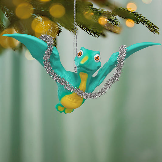 Ptinseldactyl — 2026 Hallmark Keepsake Christmas Ornament, vibrant teal and yellow Pterodactyl, hanging with silver tinsel.