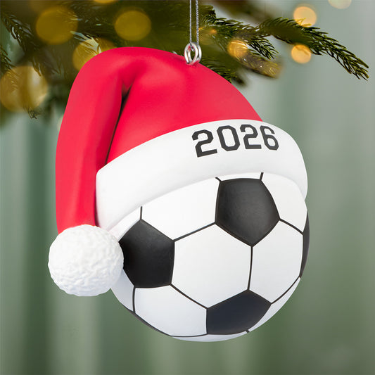 Soccer Star 2026 — 2026 Hallmark Keepsake Christmas Ornament featuring a soccer ball with a Santa hat and year 2026 detail, close up.