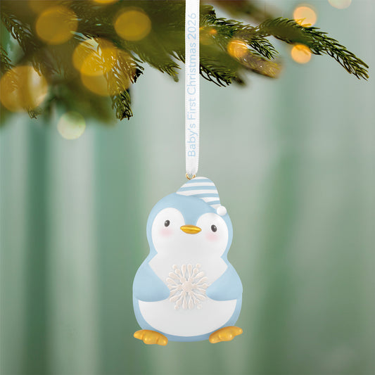Baby Boy's First Christmas Penguin 2026 — 2026 Hallmark Keepsake Christmas Ornament, blue penguin design, detailed snowflake, hanging on tree.
