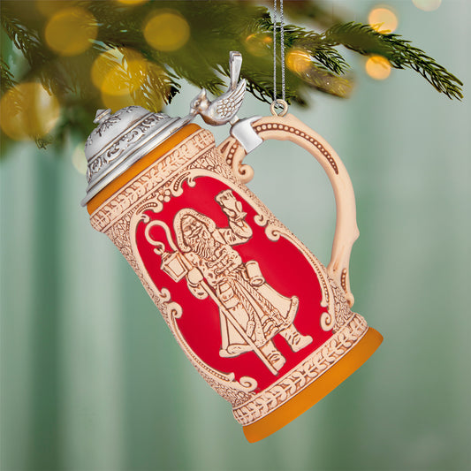 Beer Stein 2026 — 2026 Hallmark Keepsake Christmas Ornament featuring vintage Father Christmas design, angled view with vibrant red and gold.