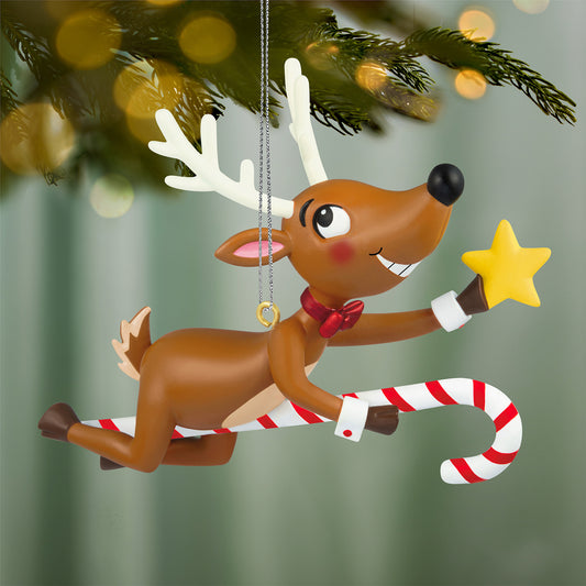 North Pole Comet — 2026 Hallmark Keepsake Christmas Ornament, playful reindeer riding a striped candy cane with a star