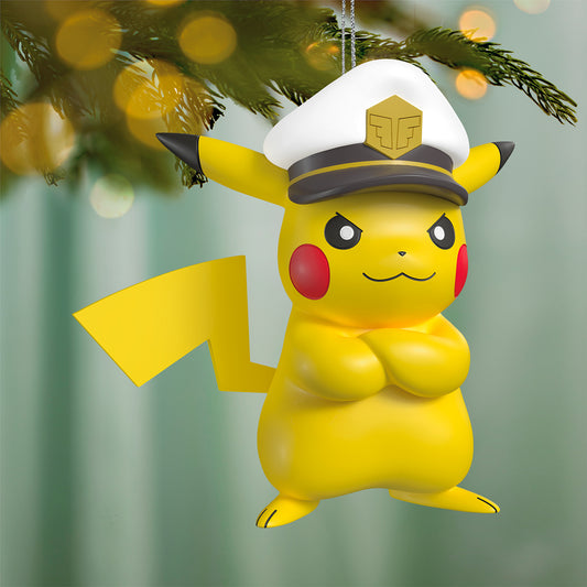 Pokémon Captain Pikachu — 2026 Hallmark Keepsake Christmas Ornament in a naval hat, hanging ornament with arms crossed, on a tree.